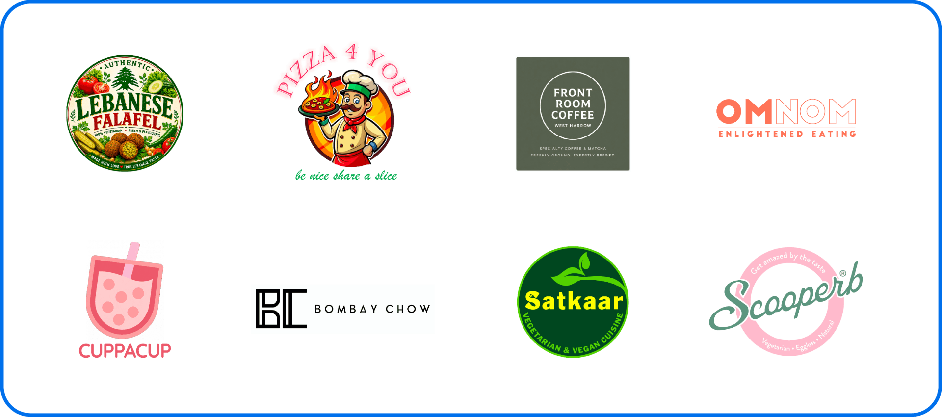 Food Arena vendors — Lebanese Falafel, Pizza 4 You, Front Room Coffee, OmNom, Cuppacup, Bombay Chow, Satkaar, Scooperb