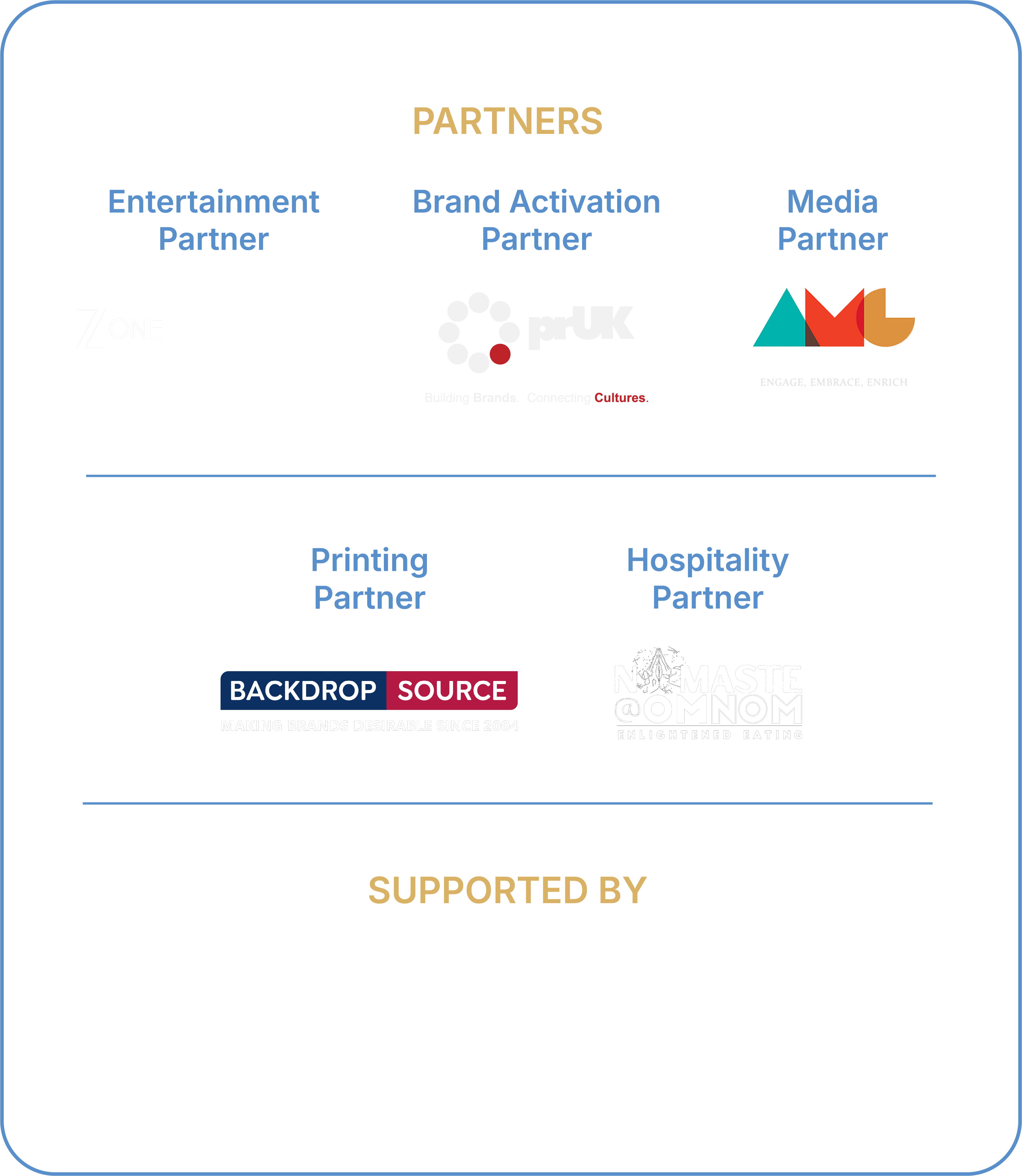 GYF London partners — Entertainment, Brand Activation, Media, Printing and Hospitality Partners, and Supported By